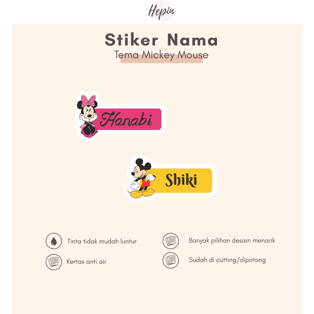 

(90 - 120 pcs) Tanpa minimal order cetak Stiker nama lucu MICKEY MOUSE / Stiker Nama Anak Murah / Label Nama Custom