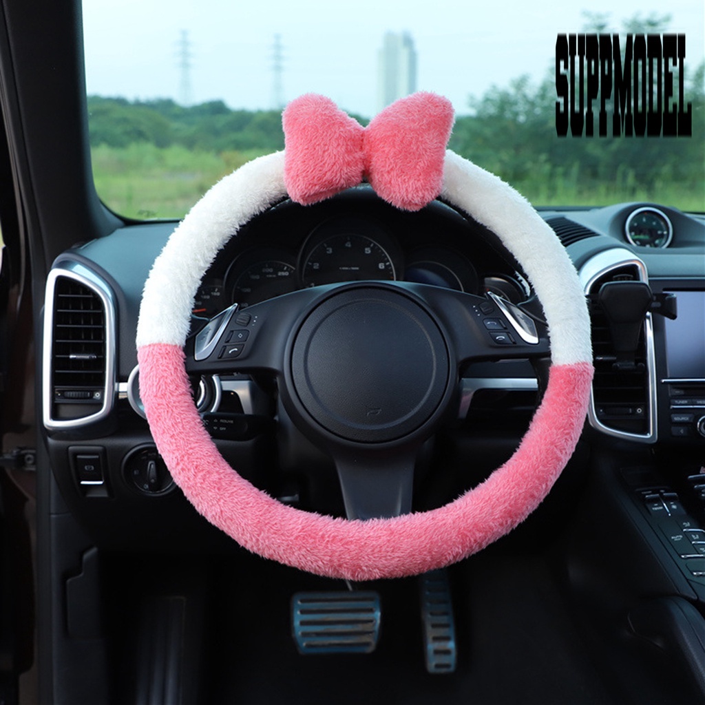 Cover Setir Mobil Universal Bahan Plush Super Lembut Hangat Aksen Pita