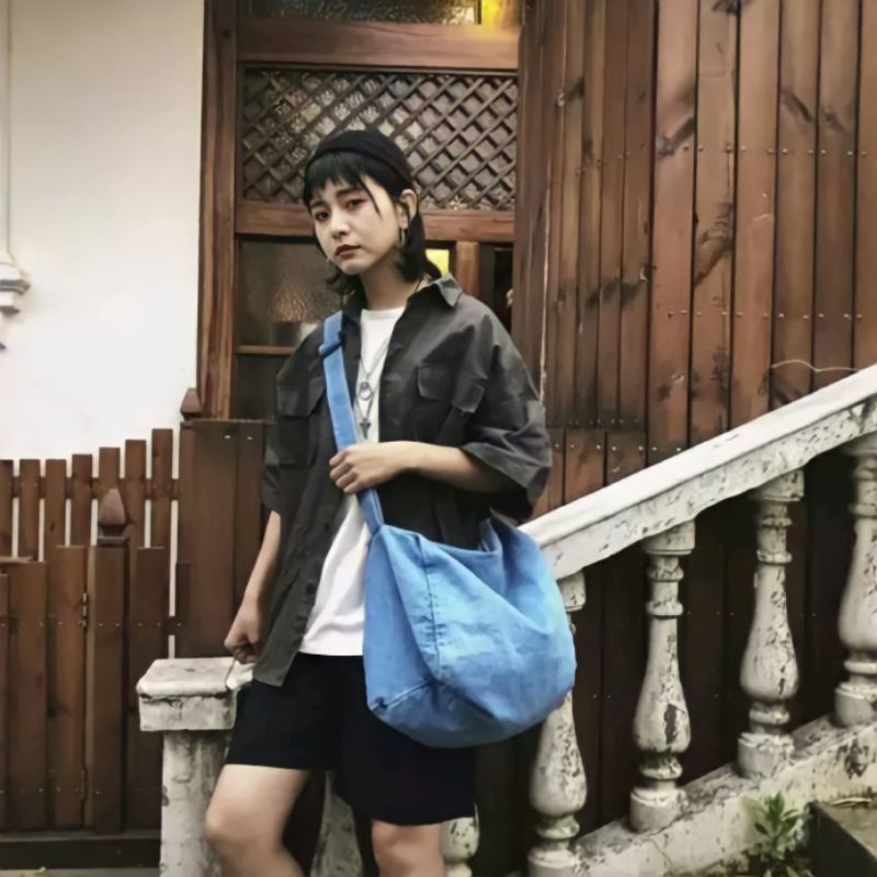 SBXLD XL Sling Bag Denim Jeans Tas Selempang Wanita Besar Pria Tote Gym Korean