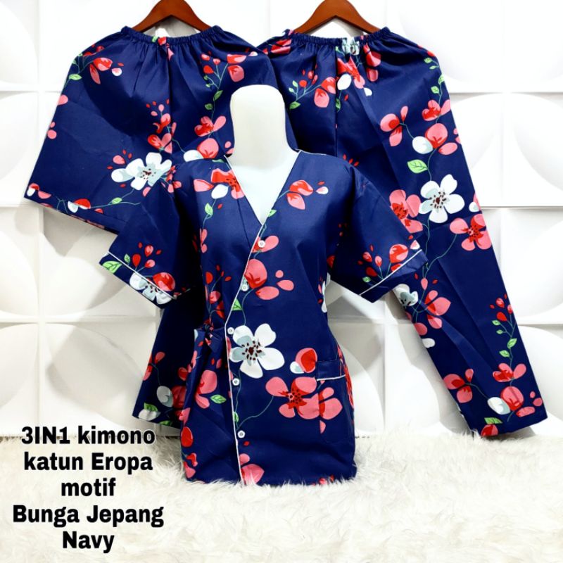 Piyama baju tidur Kimono 3in1 Wanita L-XL-XXL Motif Bunga