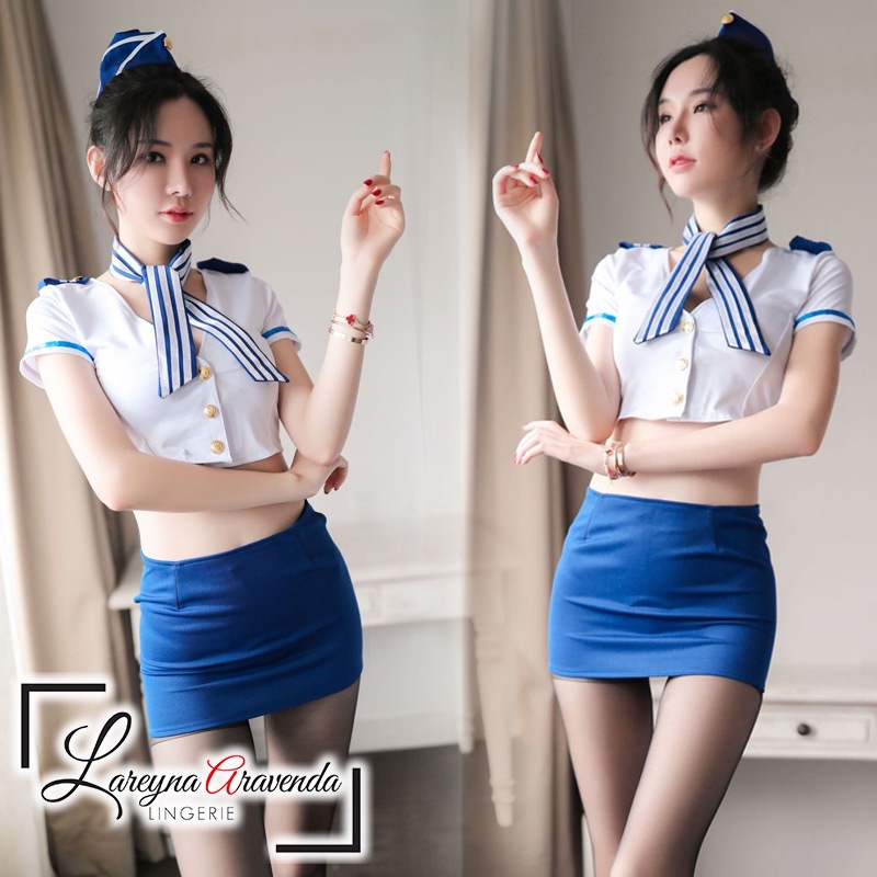 Set Baju Lingerie Lingeria Sexy + Rok + Topi Model Kostum Pramugari LG101