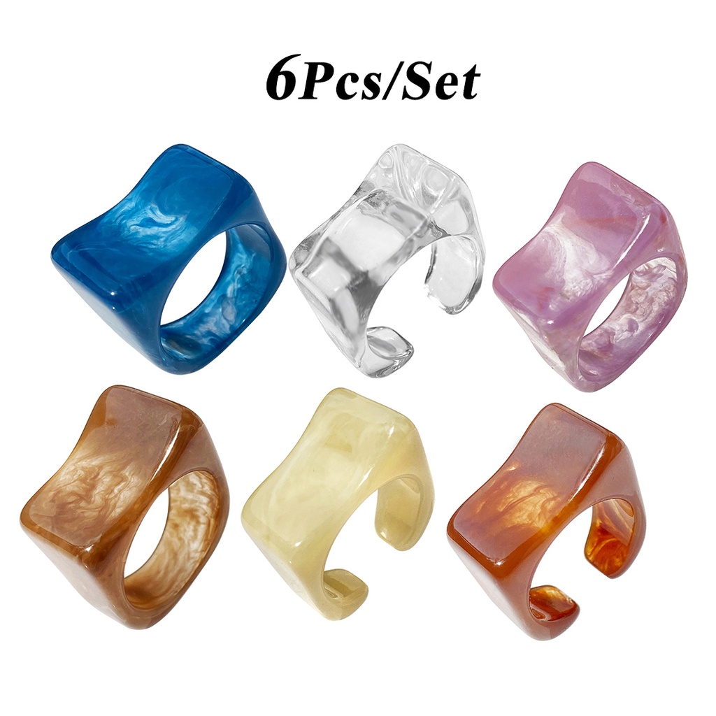 6pcs / Set Cincin Bentuk Geometri Bahan Resin Warna-Warni Gaya Korea Untuk Hadiah