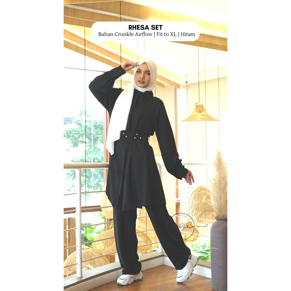 Rhesa One Set 2in1 Celana + Tunik Wanita Busui Bahan Crinkle Premium Fit to XL Ld 110 Kekinian Outfit Remaja Muslim Jumbo Polos Terbaru - Baju Setelan Fashion Muslim Wanita Dewasa Beraneka Warna - Setcel Atasan dan Bawahan Variasi Mutiara Mewah