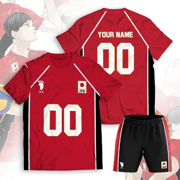 STELAN Jersey Haikyuu Timnas Japan Jepang Baju Kaos Costume Anime Team VollEyball Merah