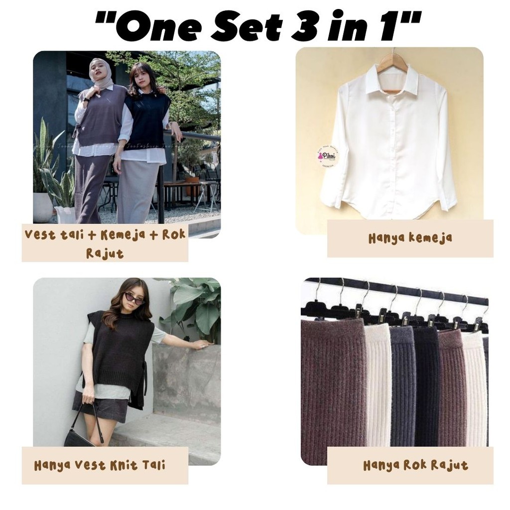 NEW!! ONESET 3 in1 (VEST TALI - KEMEJA PUTIH - ROK RAJUT) - Oneset Termurah