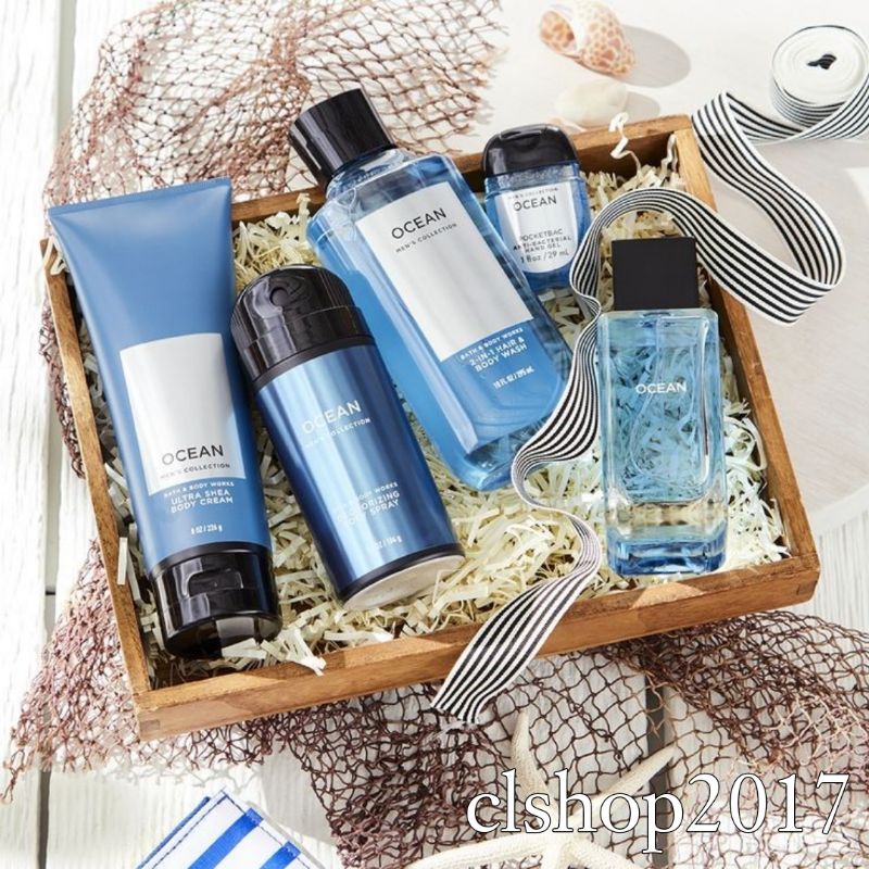 BATH AND BODY WORKS BBW MEN'S COLLECTION OCEAN SERIES BODY CREAM 226 G &amp; 70 G 2IN1 3IN1 HAIR , FACE &amp; BODY WASH 295 ML &amp; 88 ML DEODORIZING BODY SPRAY 104 G MINI COLOGNE 100 G &amp; 15 ML SHAVE GEL 191 G ROOMSPRAY 42,5 G POCKETBAC HANDCREAM 29 ML