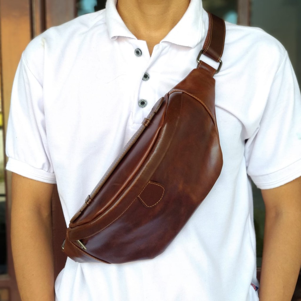 Tas Selempang Kulit Asli KENJI Sling Bag Tas Pinggang Tas Dada Waist Bag Cowok Pria Laki Pull Up