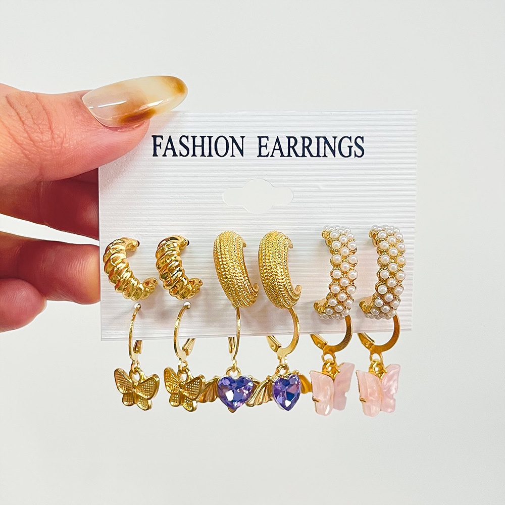 Set Anting Desain Kupu-Kupu Geometris Aksen Mutiara Bahan Logam Gaya Eropa Amerika Untuk Wanita