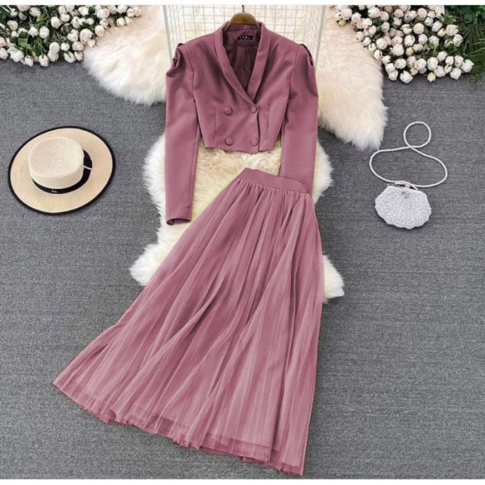 setelan blazer wanita rok model tutu terbaru classy/set wanita terbaru - Dusty