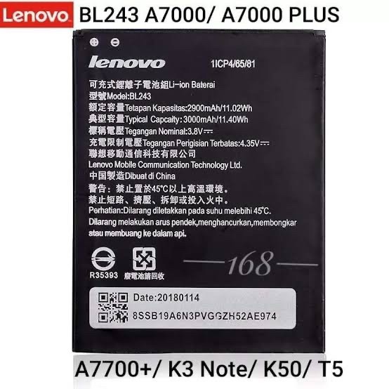 Baterai Lenovo A7000/ A7000+ Bat BL243/ Batrai BL 243 Model Original