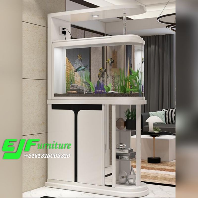 partisi penyekat ruangan dengan aquarium model minimalis modern terbaru jepara warna putih