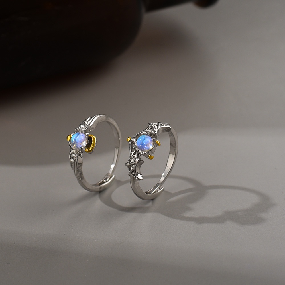 Cincin Model Terbuka Adjustable Desain Angel Devil Moonstone Warna Silver Untuk Pria Dan Wanita