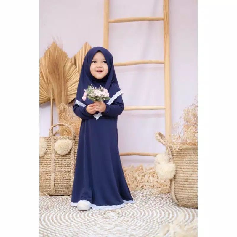 Gamis Meca Set Hijab Anak Perempuan Usia 6 Bulan-2 Tahun |Setelan Busana Bju Syari Bayi Terbaru 8 bln-1 Thn|Stelan Pakaian Tanggung Little Pineapple Baju Muslim Lucu
