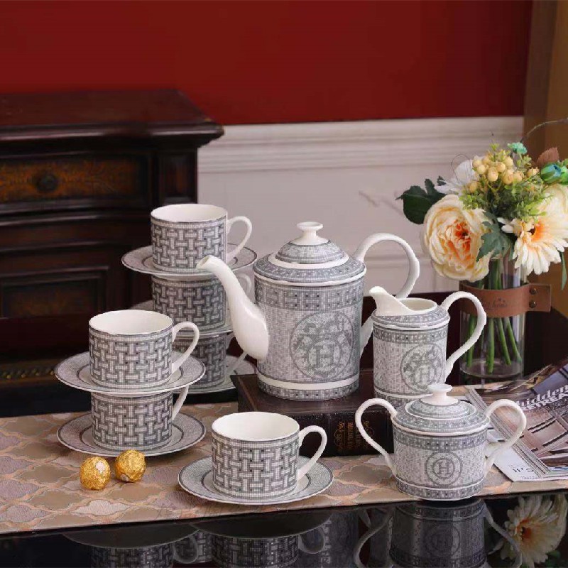 HERMES Tea Pot Set With 6 Mug Peralatan Minum Set PREMIUM Ceramic With BOX