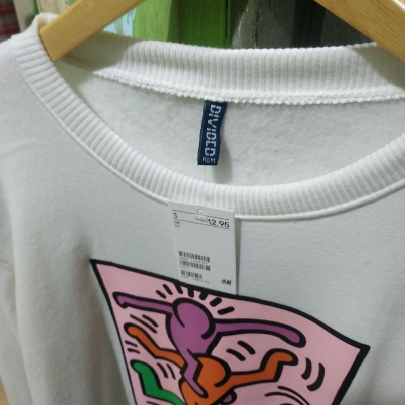 Crewneck Sweater H&amp;M HnM Keith Haring Putih White Wanita Cewek Pria Free Paper Bag