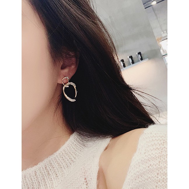 LRC Anting Tusuk Fashion Golden 925 Silver Needle Oval Circle Flash Diamond Stud Earrings D87572