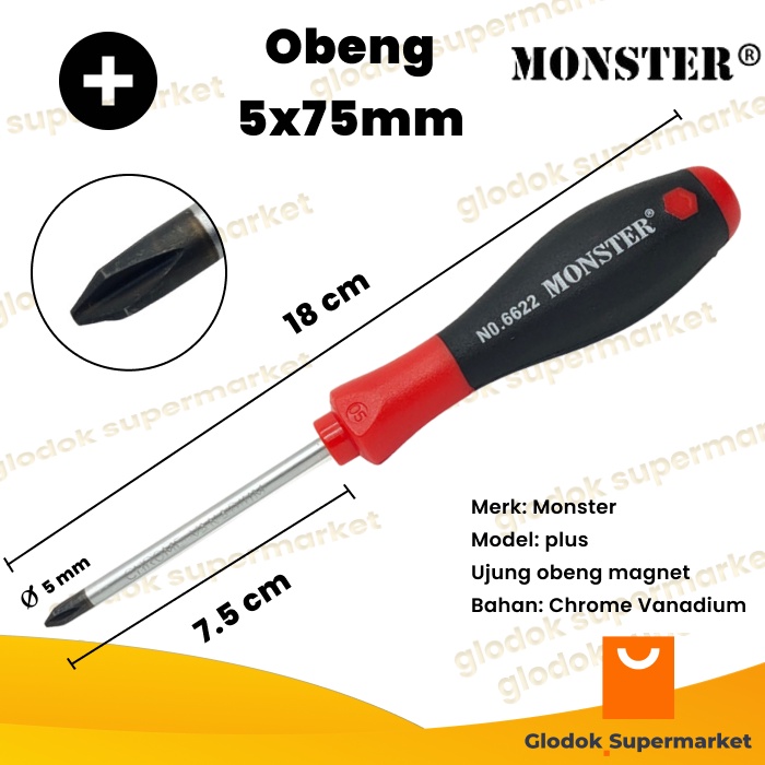 Obeng Plus 3 inch Monster Diameter 5mm Panjang Besi 7.5cm Magnet