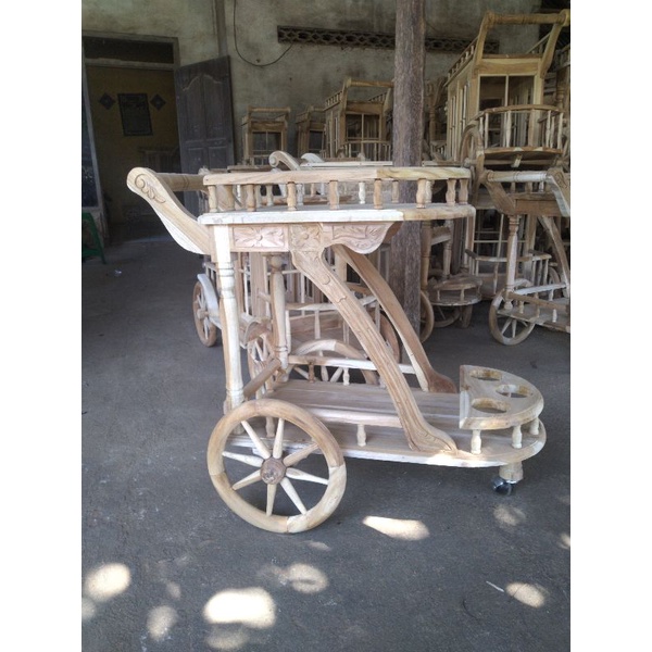Meja Troly Dorong Kayu Jati - Meja Teh Dorong