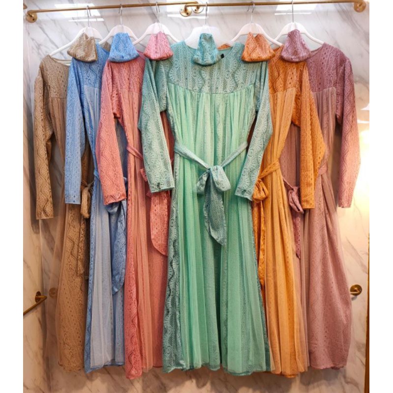 GAMIS PISCES BRUKAT TILE FREE MASKER TOSKA /GAMIS BRUKAT MURAH/ GAMIS PESTA MURAH BRUKAT