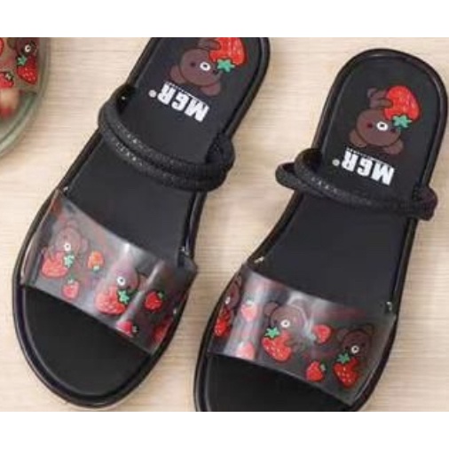 [NEW] Sandal Selop Jelly Wanita Transparan Bear Beruang Strawberry Empuk Cantik Imut Lucu MGR Mokaya Balance (1205)/ Size 36-40