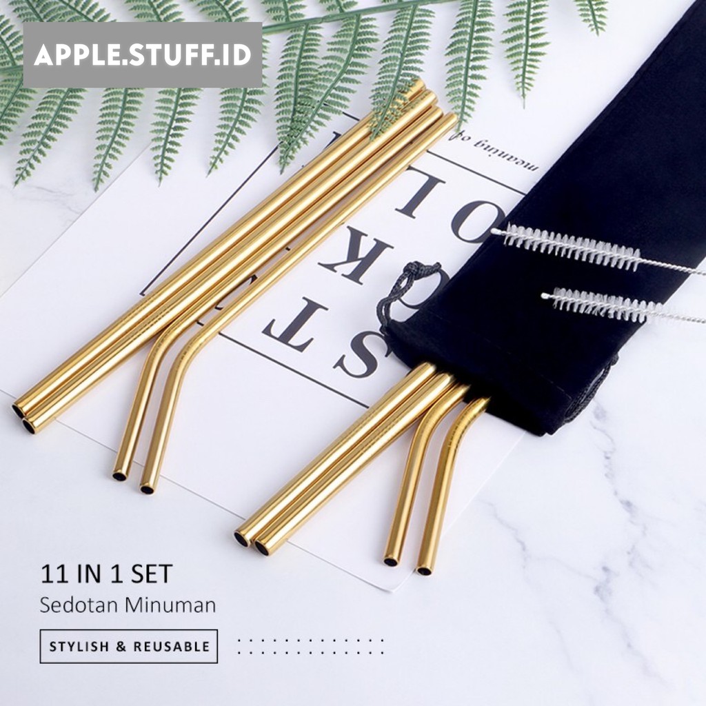 11PCS Set Stainless Steel Straws Sedotan Minuman 215MM