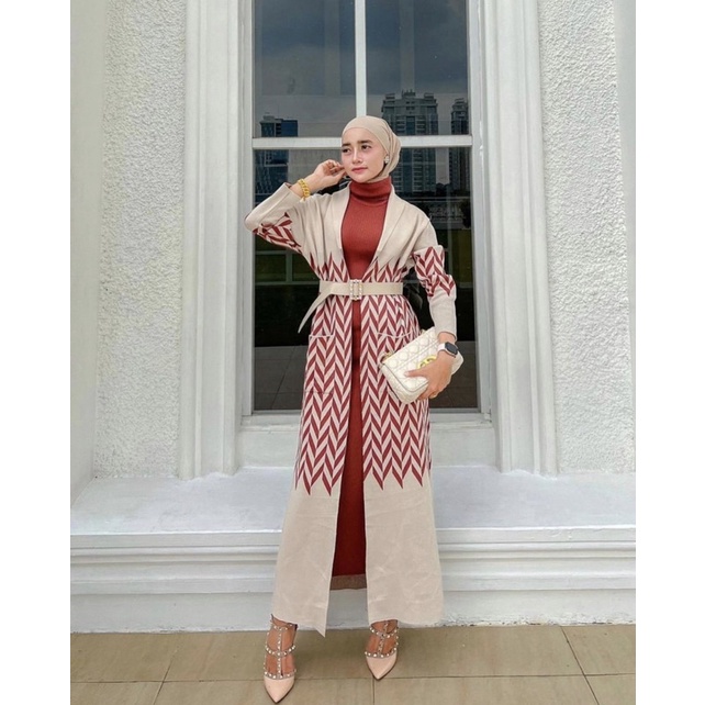 One Set Premium Import 3in1 ( Long Dress + Cardigan + Belt ) Bahan Rajut/ Long Cardigan Fashion Musl