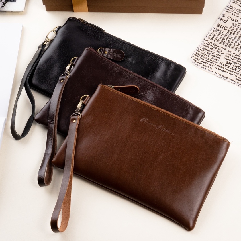 Kenes Leather Clutch Tas Tangan Pouch Unisex Kulit Asli SIMPLE Pullup - Free Gravir Nama