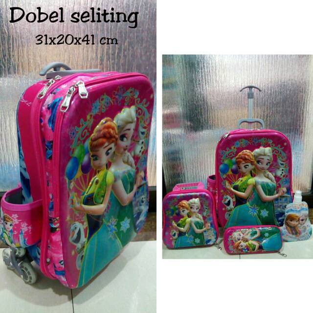 (RK)Tas Troli Sekolah Anak Perempuan 6D 4in1 2 Ruang Frozen Balon 6 Roda Import