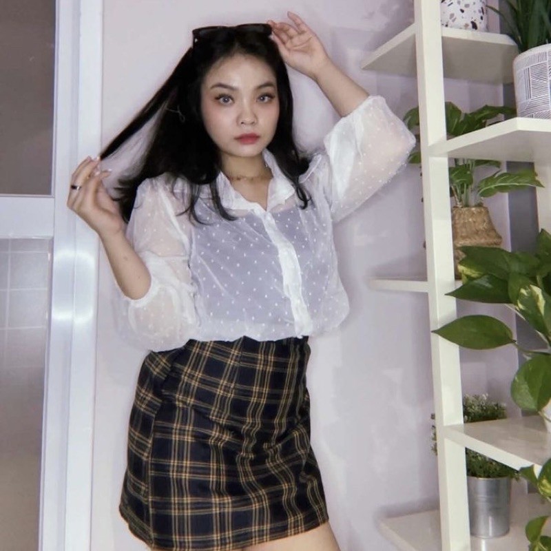 THESUMMERTALE Aghy Top Sheer White Dot Shirt Mesh Dot Bubble Sleeve Kemeja Sheer Bellswen