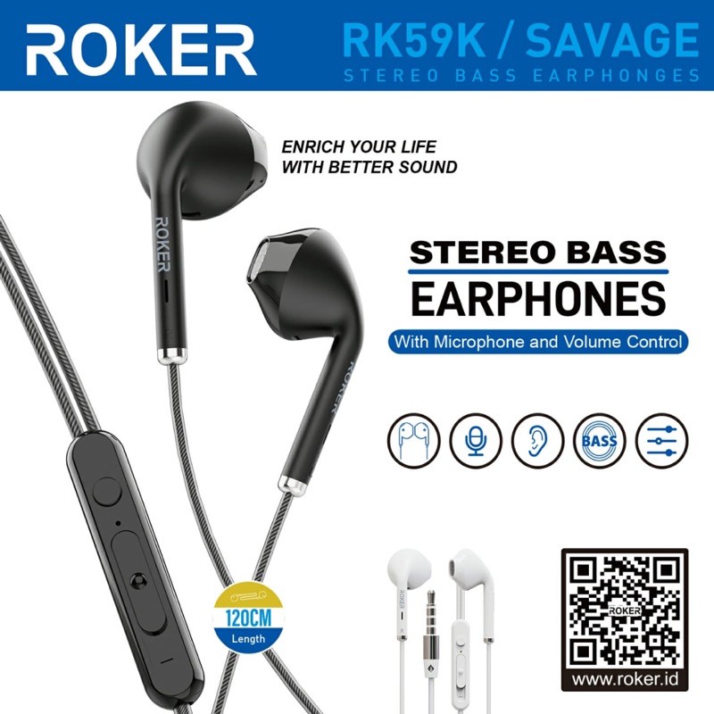 Handsfree Headset Roker Original Onyx Rk52K, RK59K, RK60K  Stereo Earphone