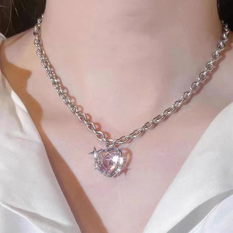 YEEZII Kalung Rantai Klavikula Liontin Hati Bintang Bahan Zirkon Warna Pink Untuk Wanita