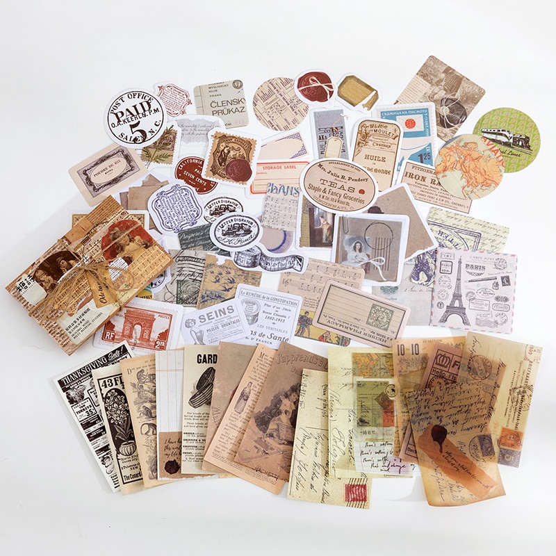 Journamm 60pcs/boxed Vintage Boxed Stickers for Scrapbooking Junk Journal School Supplies Creative Stationery DIY Deco Stickers-A