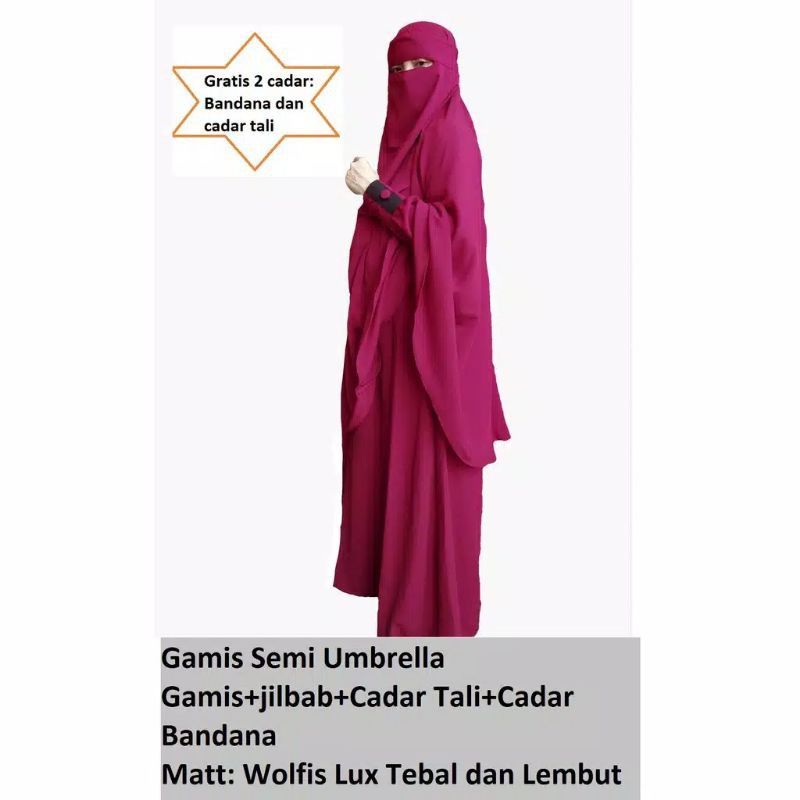 gamis syari set cadar jilbab khimar dan cadar wolfis Woolpeach / gamis jumbo