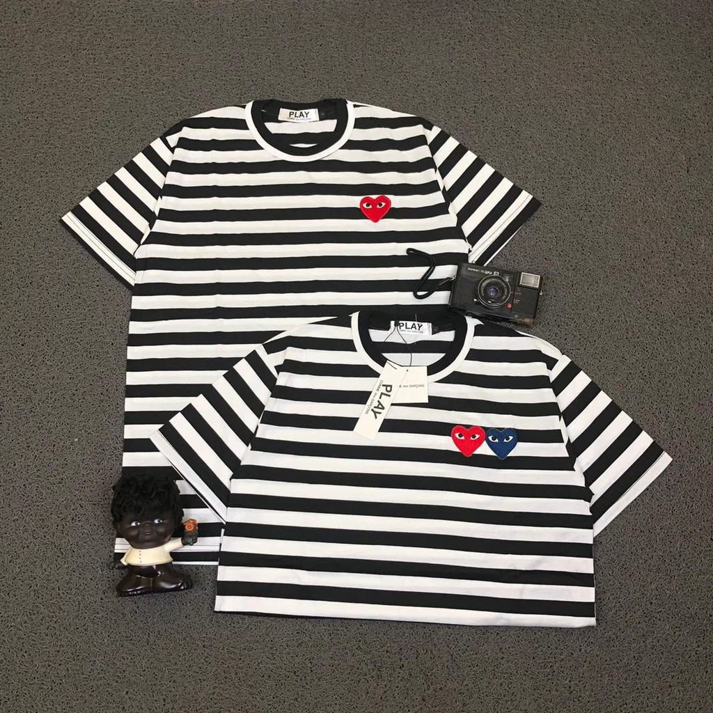 Kaos Salur Import Murah Play CDG Kualitas Premium logo bordir Full Tag Basic Hitam Stripe putih