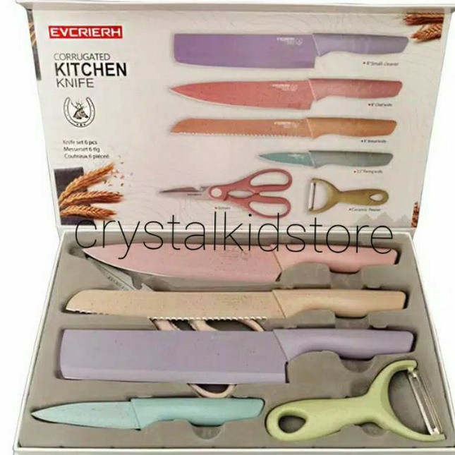 pisau set dapur kitchen knife rainbow set 6pcs warna warni parutan peeler pisau roti gunting