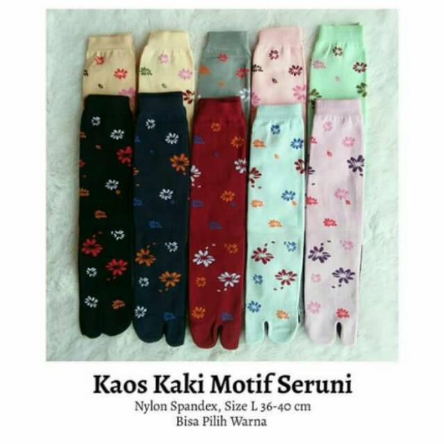 Kaos Kaki Jempol Wanita Muslimah Motif Seruni (Nylon Spandex Size L Tapak Hitam Panjang Murah Tebal)