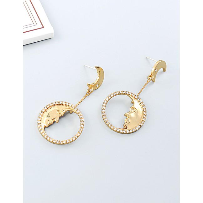 LRC Anting Tusuk Fashion Gold Crystal Diamonds Moon Moon S925 Sterling Silver Stud Earrings F941012