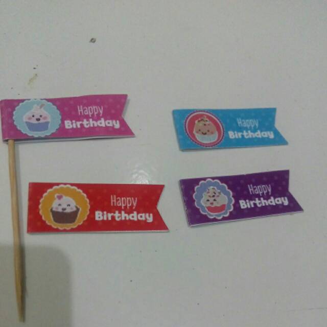 Cup cake topper tusuk gigi berbendera happy birthday.