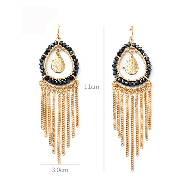 LRC Anting Gantung Fashion Black Diamond Metal Tassel Earrings F61358