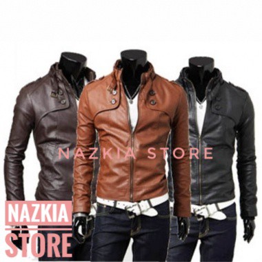 JAKET KULIT SINTETIS MODEL KANCING DOUBLE VARSITY