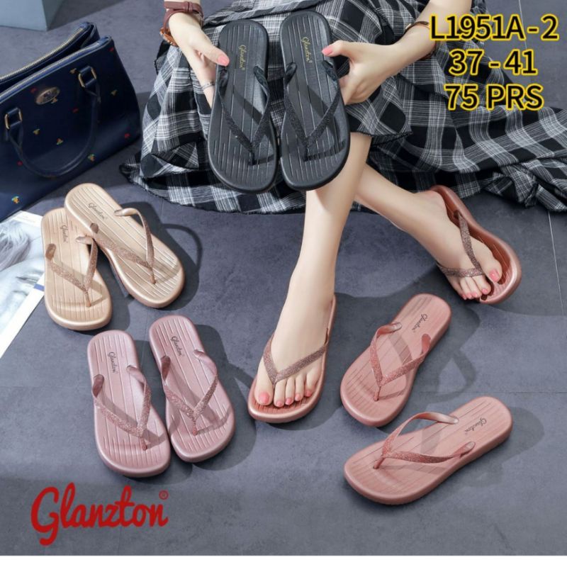 L1962-5 Glanzton Sandal Semi Wedges 2,5 CM Jepit Wanita Karet Gliter Tali Blink Glitter Cantik Import Casual L1951A L1951A-2 L1962 1962 Motif Garis Sendal Japit Jelly Impor L1951 Perempuan Cewek Glossy Glanston Glaston Murah Kekinian