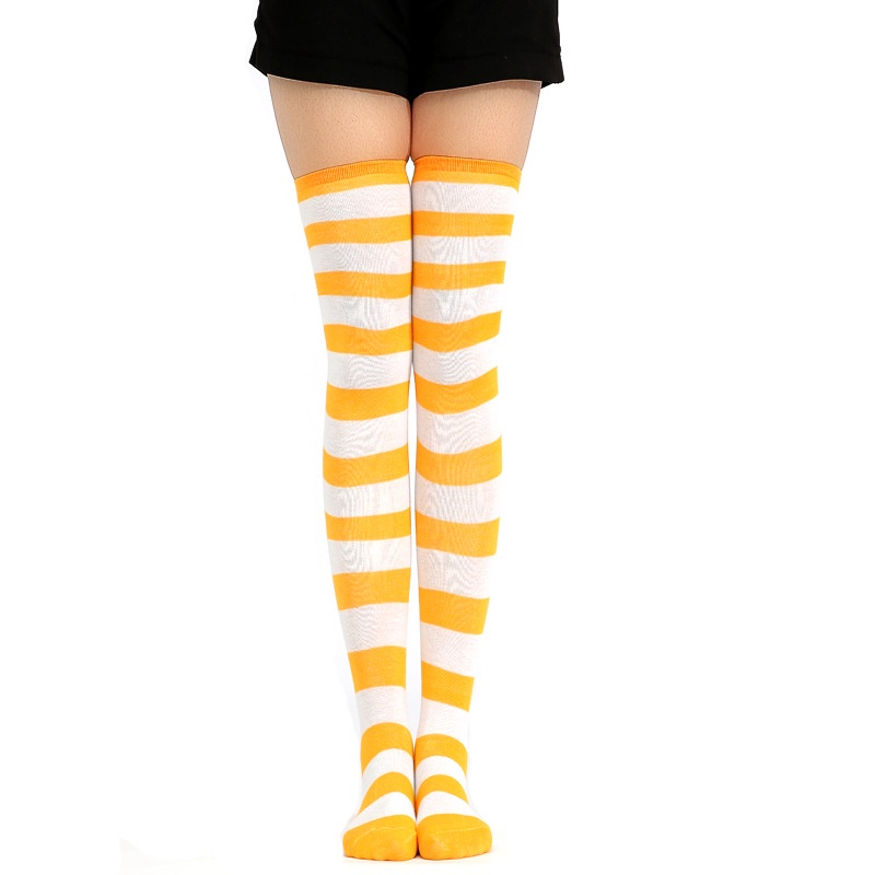 Kaos Kaki Wanita Over Knee Socks Kaos Kaki Sepaha Motif Belang-Belang Kaos Kaki Panjang-Orange X White