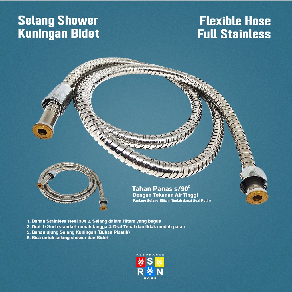 Selang Shower Kamar Mandi Ukuran 150CM Stainless Steel Kuningan Flexible dan Universal Resonance Home