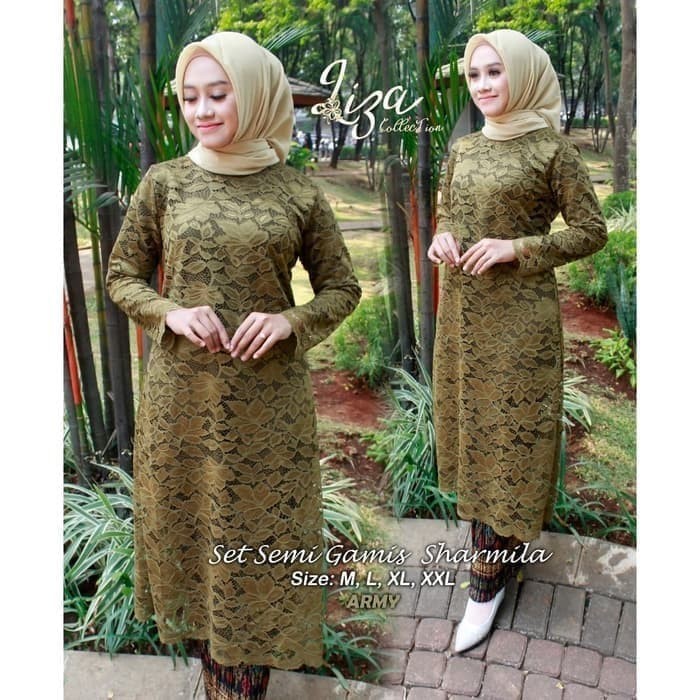 Setelan-Kebaya Modern Tunik Brukat Hijau Army