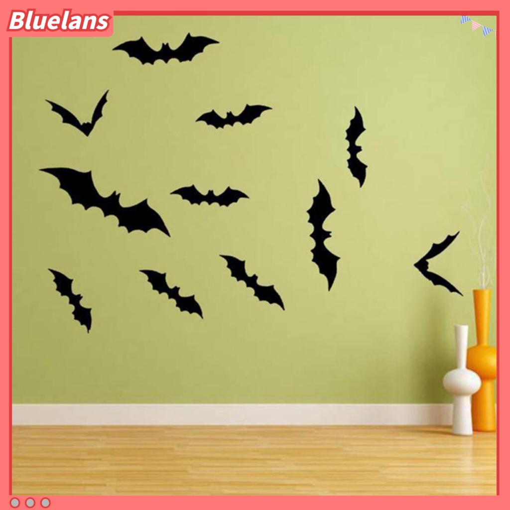 12 Pcs Stiker Dinding Desain Kelelawar 3D Warna Hitam Untuk Halloween