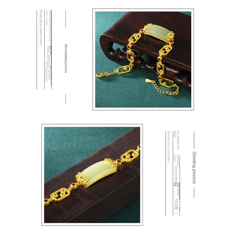 Gelang Giok Hetian Bentuk Persegi Lapis Emas Emas Asli Kadar 375Gaya Korea Untuk Wanita