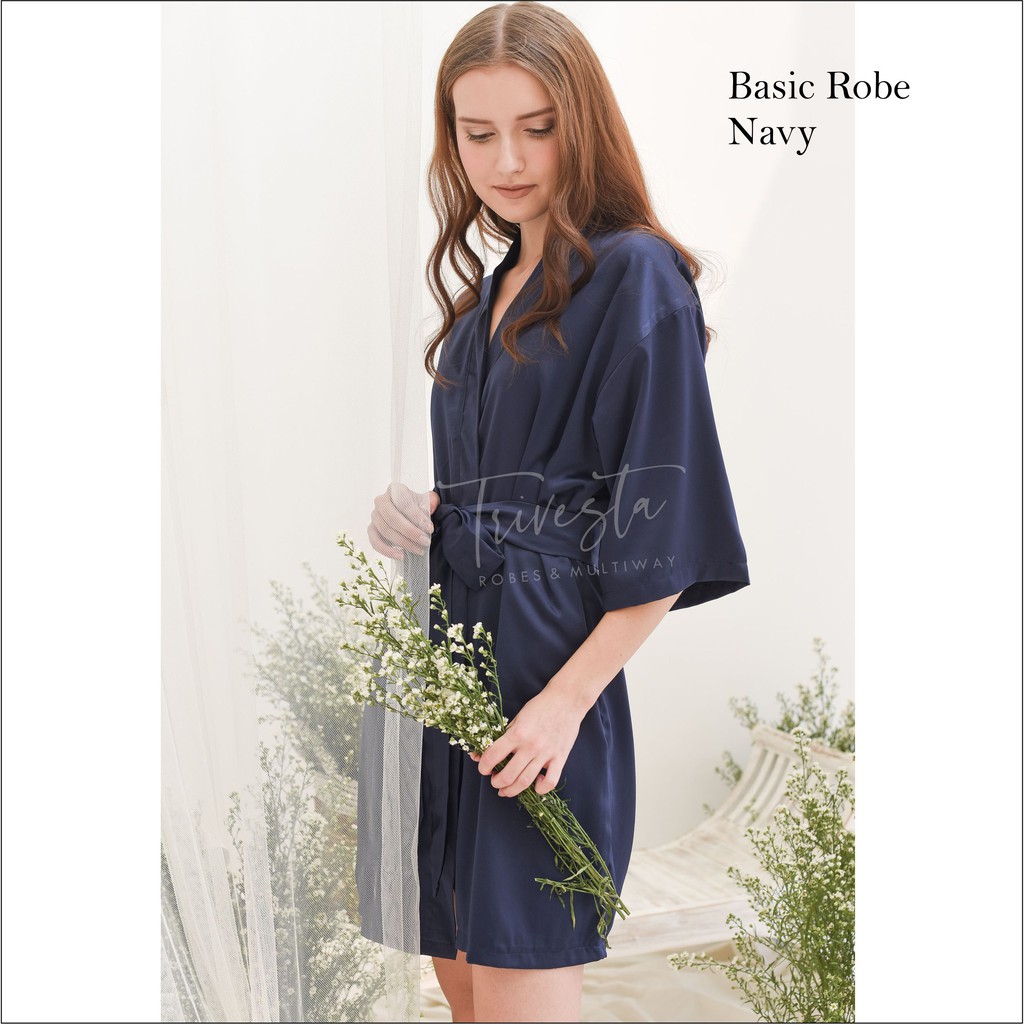 Trivesta Robes - Basic Robe Navy - Kimono Robe Bridesmaid Satin + Free Bordir (Tulisan Bebas Bisa Nama)