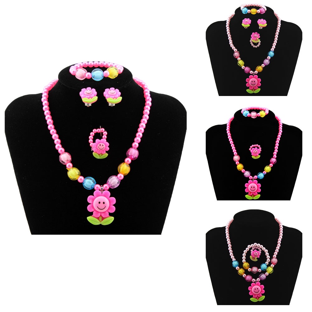 Hu Hu Hu Hu Hu Alat Bantu Pasang Kacamata♡ 5pcs / Set Kalung + Gelang + Anting Tusuk + Cincin Desain Bunga Matahari Untuk Bayi Perempuan