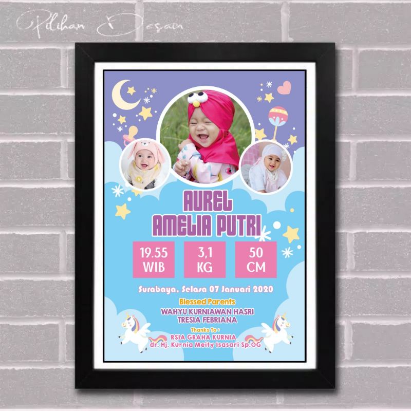 FRAME KACA + CETAK + DESAIN foto biodata anak bayi hadiah gift kado hampers lahiran melahirkan unik