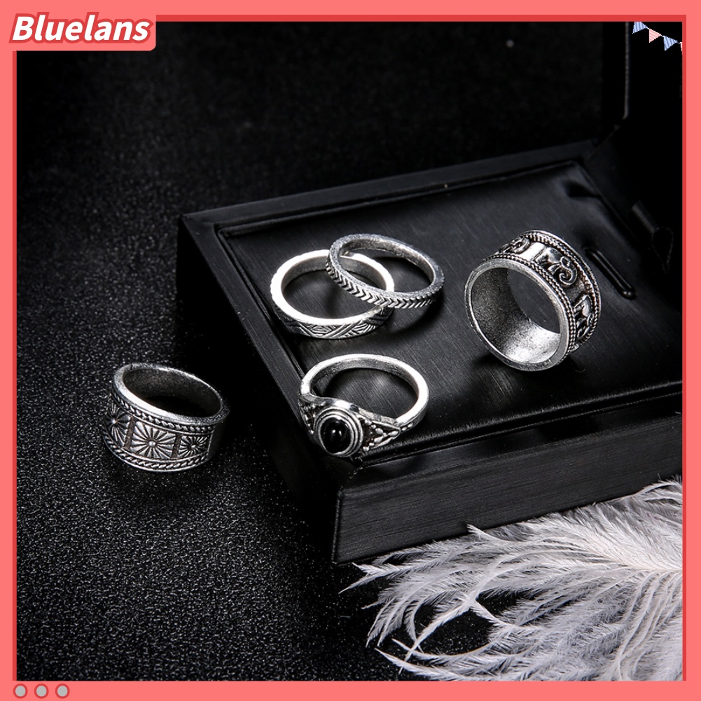 Bluelans 5Pcs Carving Elephant Round Stone Stacking Women Retro Knuckle Ring Jewelry